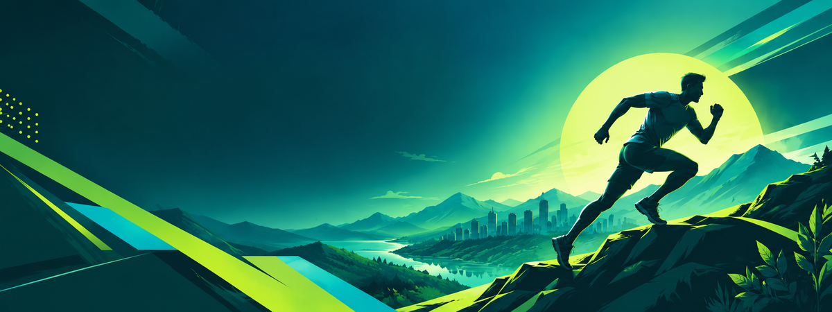Illustration of a runner sprinting up a rocky hill at sunrise with mountains, a lake and a city behind