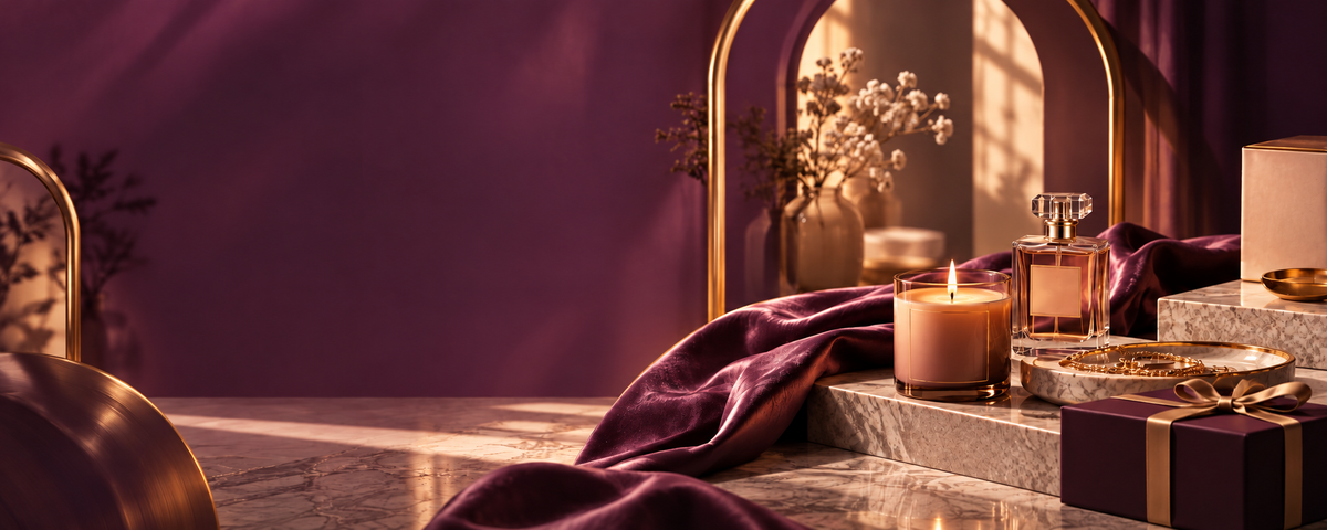 Scented candle, perfume bottle, gift box with gold ribbon and velvet fabric on marble steps in warm plum and gold light