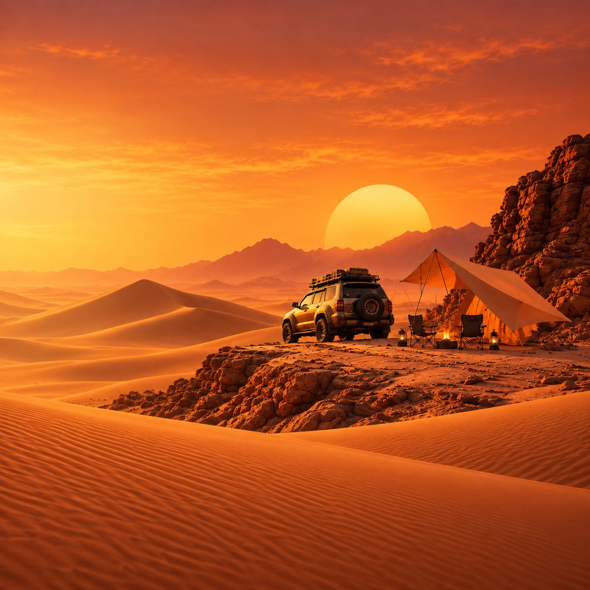 Off-road SUV with roof rack, camping tent, chairs and lanterns on desert rocks at sunset in the UAE