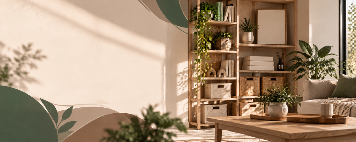 Wooden shelving unit with woven storage baskets, books and plants in a bright, sunlit living room